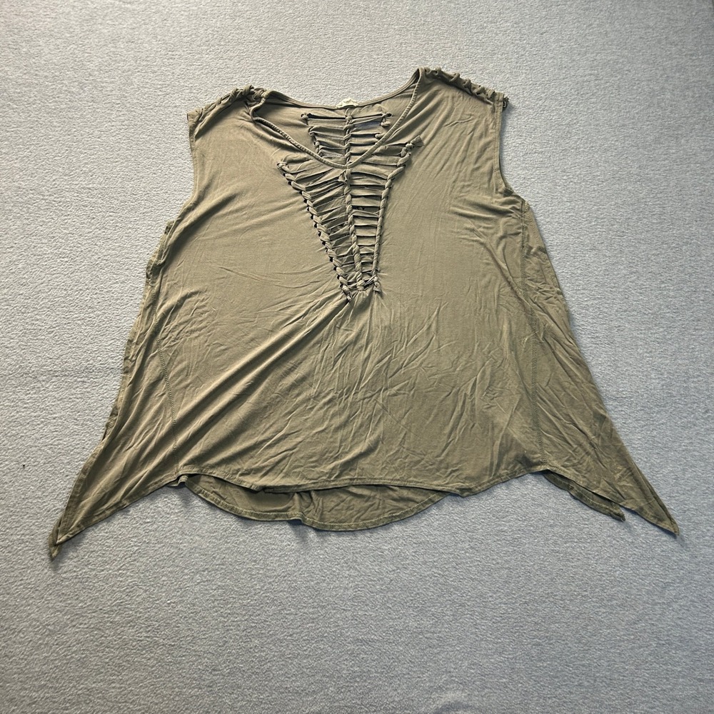 POL Tunic Top Womens Large Olive Lace Up‎ Braided Hem Boho Hippie Sleeveless